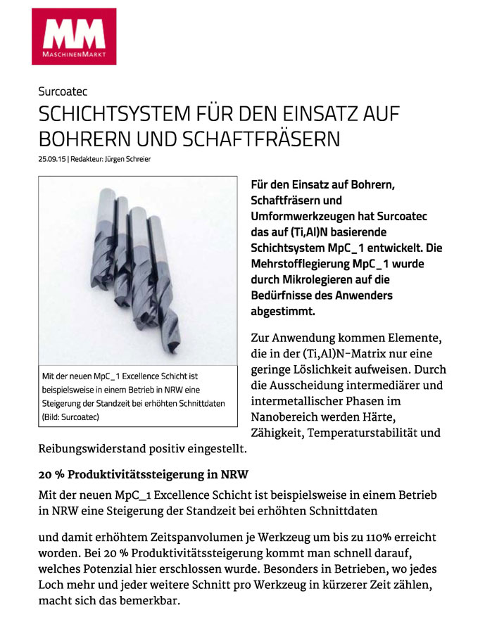 MaschinenMarkt: Schichtsysteme für den Einsatz auf Bohrern und Schaftfräsen