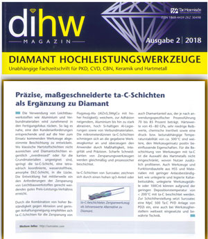dihw-Magazin berichtet in Ausgabe 2/2018 über Surcoatec's ta-C-Schichten