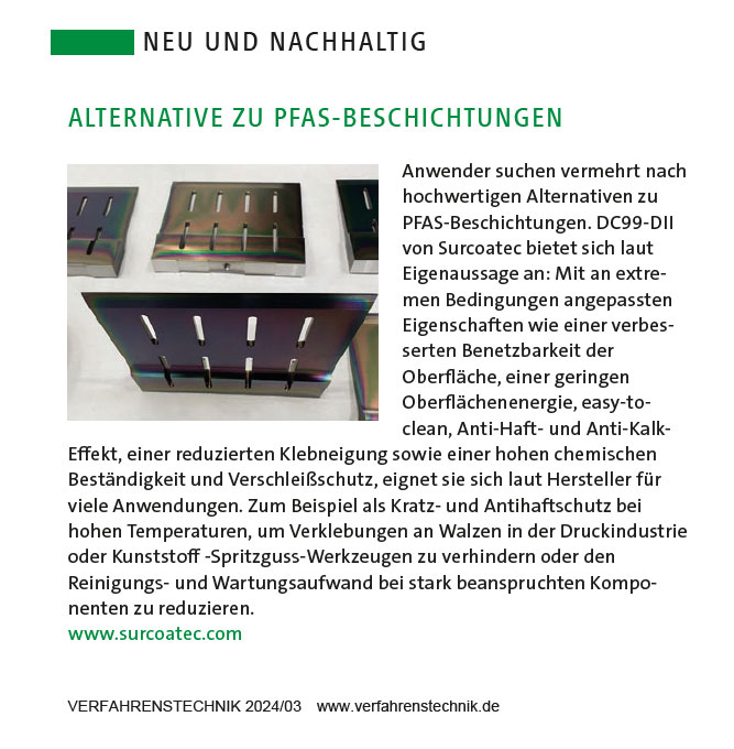 Verfahrenstechnik berichtet über DC99-DII als Alternative zu PFAS-Beschichtungen
